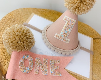 Pink party hat set, dusty pink cake smash, cake smash prop, flag, 1st birthday, cake topper, birthday crown, muted birthday hat