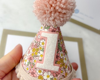 Floral party hat, pink birthday crown,flower cake smash prop, cake smash hat, 1st birthday, 2nd, party hat Pompom, ditsy, half 1/2 birthday
