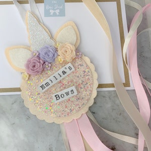 Unicorn bow holder, hair bow storage, hair clip holder, pastel bow holder, personalised bow holder, unicorn bedroom decor