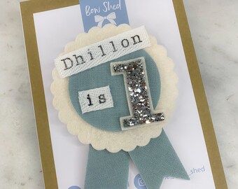 Birthday badge, linen birthday badge, boys badge, girls badge, blue, silver, cake smash prop, birthday rosette, personalised badge, 1st 2