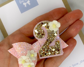 Birthday age bow, 1st birthday bow, cake smash prop, Baby birthday bow headband, pink glitter bow, birthday bow clip, girls birthday gift