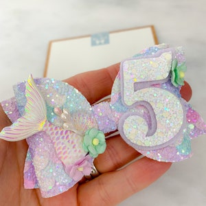 Mermaid birthday bow, mermaid hair bow, mermaid party, birthday hair clip, mermaid fringe clip, 3rd 4th 5th 6th 7th birthday bow,