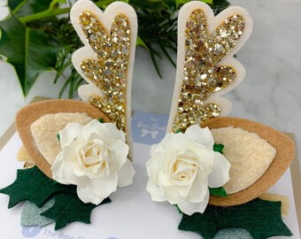 Christmas hair clips, reindeer hair clip, antler, festive hair bow, White Christmas hair accessory, baby Christmas bow, Christmas photo prop