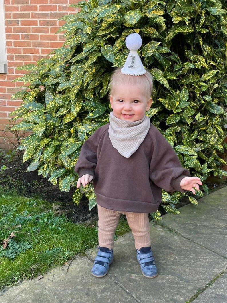 May include: A toddler wearing a brown sweatshirt, tan leggings, and blue shoes. The toddler is wearing a white party hat with the number "1" on it. The toddler is standing in front of a green bush.