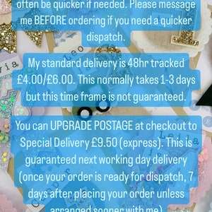 May include: A close-up of a text-based image with information about UK dispatch and delivery options for an Etsy shop. The text includes details about standard delivery, upgraded postage, and the time frame for each option. The image also includes a small British flag.