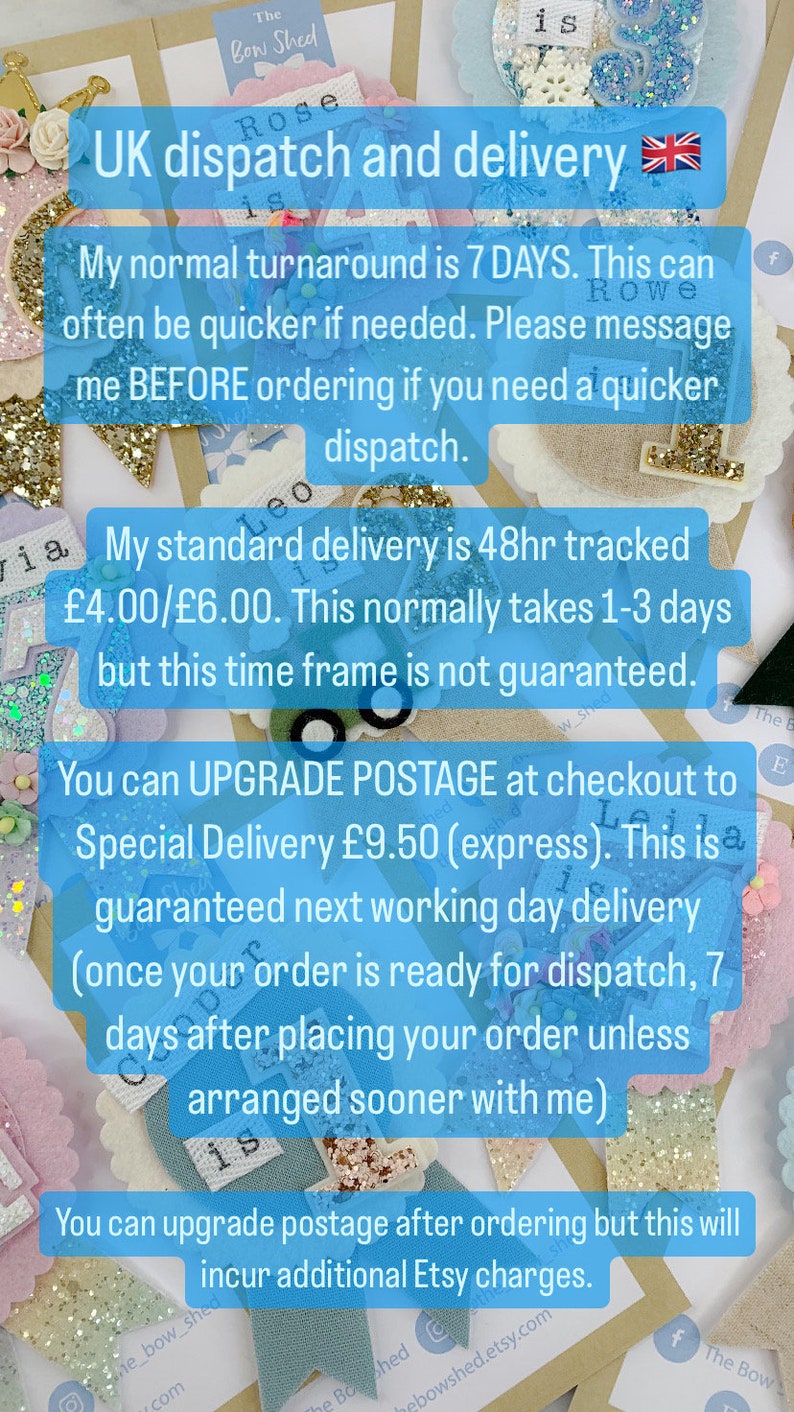May include: A close-up of a text-based image with information about UK dispatch and delivery options for an Etsy shop. The text includes details about standard delivery, upgraded postage, and the time frame for each option. The image also includes a small British flag.