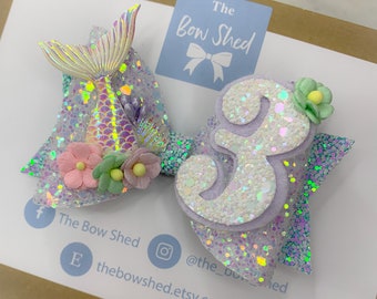 Mermaid birthday bow, mermaid hair bow, mermaid party, birthday hair clip, mermaid fringe clip, 3rd 4th 5th 6th 7th birthday bow,