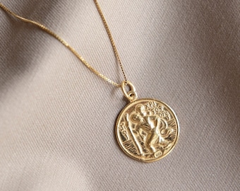 St Christopher and Madonna and Child Coin Necklace, 24k Gold Plated Pendant Necklace, Gift For Traveler, 24k Gold Plated Necklace