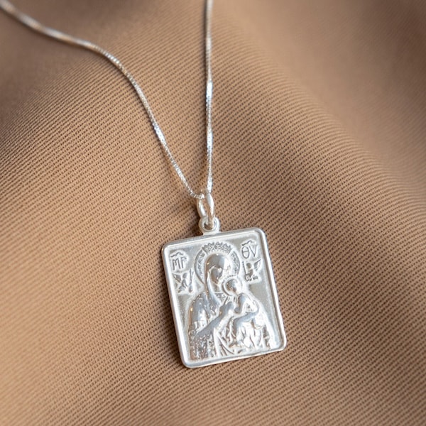Madonna und Kind Silber Rahmen Halskette, rechteckige Anhänger Halskette für Frau, religiöser Schmuck, Silber Christian Halskette, Mom Geschenk