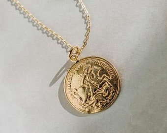 St George and the Dragon Coin Necklace, St George Pendant, Greek Saint Pendant, 24k Gold Plated Pendant, Round St George Necklace