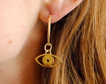 Gold Plated Evil Eye Earrings, Classic Thin Hoops with Eye Pendant, Pendant Earrings for Woman, Gift Idea for Her
