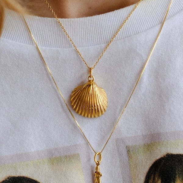 Gold Shell Halskette, 24 k vergoldet Sterling Silber Anhänger, Sea Shell Schmuck, Ocean Themen-Halskette für Frau, Geschenk für sie