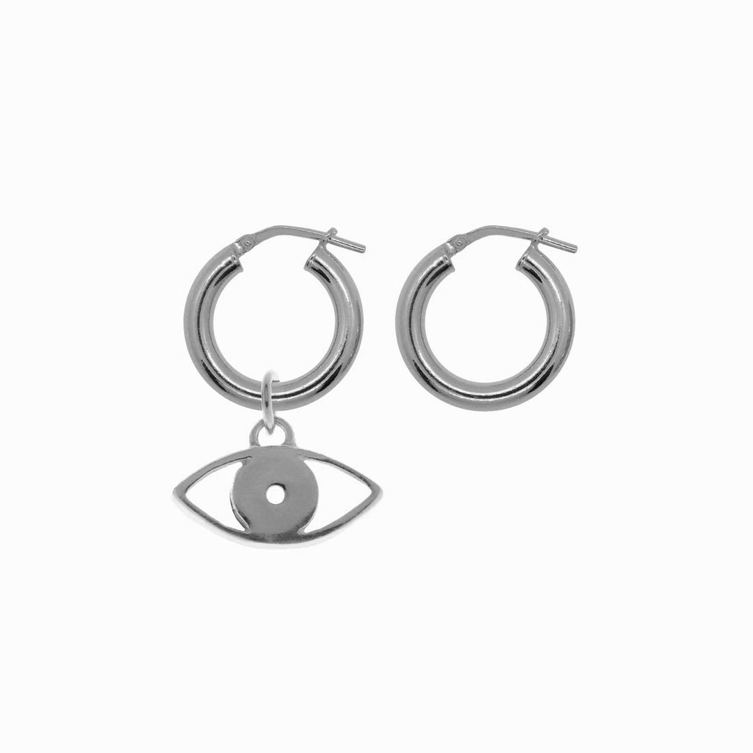 Mismatched Evil Eye Earrings, Thick Silver Hoops With Eye Pendant