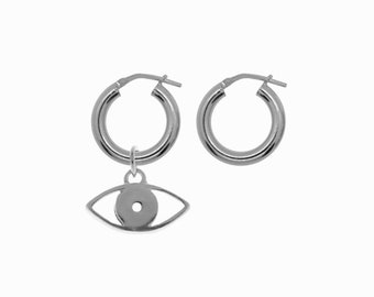 Mismatched Evil Eye Earrings, Thick Silver Hoops with Eye Pendant, Dangle Earrings Women, Evil Eye Jewelry