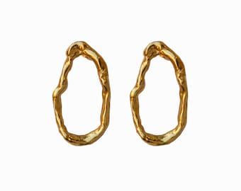 Irregular Hoop Earrings, Organic Shape Jewelry, Gold Earrings Women, Imperfect Jewelry, Sterling Silver Gold Plated Hoops With Screw Back