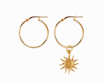 Sun Earrings Mismatched, Gold Plated Earrings for Woman, Thin Hoops with Sun Pendant, Boho Jewelry, Summer Earrings