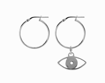 Silver Mismatched Earrings with Evil Eye Pendant, Thin Pendant Hoops, Sterling Silver Jewelry Women