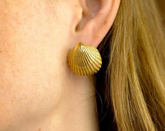 Shell Earrings, 24K Gold Plated Sterling Silver Earrings, Ocean Themed Jewelry, Gold Shell Studs, Marine Earrings, Gift Idea For Woman