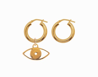 Evil Eye Earrings Gold, Mismatched Earrings for Woman, Thick Gold Hoops with Evil Eye Pendant, Gold Pendant Hoops, Evil Eye Gift