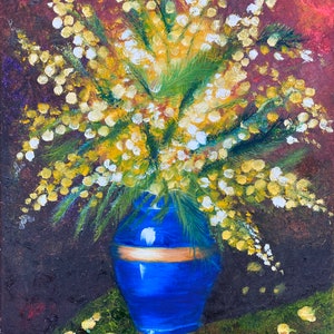 Mimosa Painting Original Artwork Flowers Wall Art Floral Painting on Canvas 16 by 20 Mimosa Artwork Bright Painting by Larissa Belyak