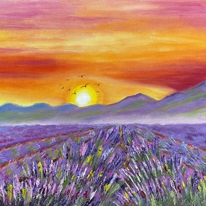 Lavender Painting Original Wall Art Lavender Field Landscape Painting on Canvas Lavender Sunset Painting Art for Sale by Larissa Belyak