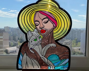 Elegant Stained Glass - Girl in Hat with Cat