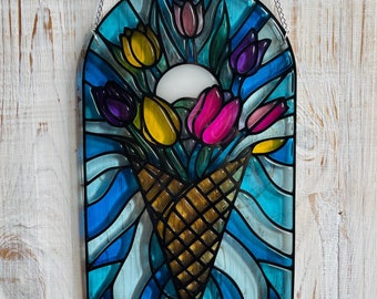 Handcrafted Sun Catcher Epoxy Resin Stained Glass Ice Cream Cone with Flowers