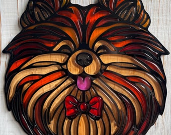 Handcrafted Epoxy Resin Stained Glass Pomeranian Pet Portrait Window Hanging Dog