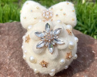 Handmade Felt Christmas Ornament with Bow – Ivory Pearl and Rhinestone Ball – Elegant Snowflake Tree Decoration – Winter Holiday Decor