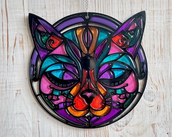 Whimsical Cat Resin Sun Catcher - Handcrafted Feline Charm Stained Glass Cat