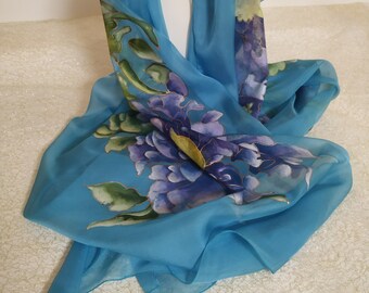Light blue hand-painted silk stole, floral design, 100%  silk, mother's gift, christmas gift