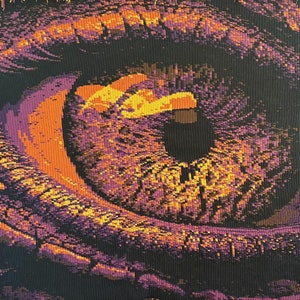 May include: A close-up of a large, colorful eye with a purple iris and orange and yellow sclera. The eye is rendered in a pixelated style, giving it a digital or abstract appearance.