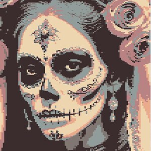 May include: A woman with a sugar skull makeup design, wearing a floral headpiece. The makeup is detailed with black and white lines and a red mouth. The woman's eyes are dark and her hair is black.