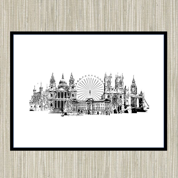 Geometric Sketch Print - London Skyline collage of landmarks, Tower Bridge, Westminster Abbey, St Paul' Cathedral, Buckingham Palace