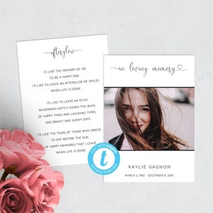 Bewerkbare viering van het leven kaartsjabloon, Memorial Card dubbelzijdig, DIY Memorial Card sjabloon begrafenis, in liefdevolle herinnering afdrukbaar