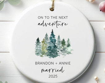 Personalized Wedding Ornament: Watercolor Pine Tree Adventure, Just Married Gift