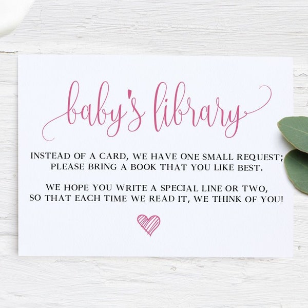 Instant Download Pink Baby's Library Enclosure Card, Baby Girl Library, Books For Baby Shower Invitation, Books For Baby Printable Enclosure