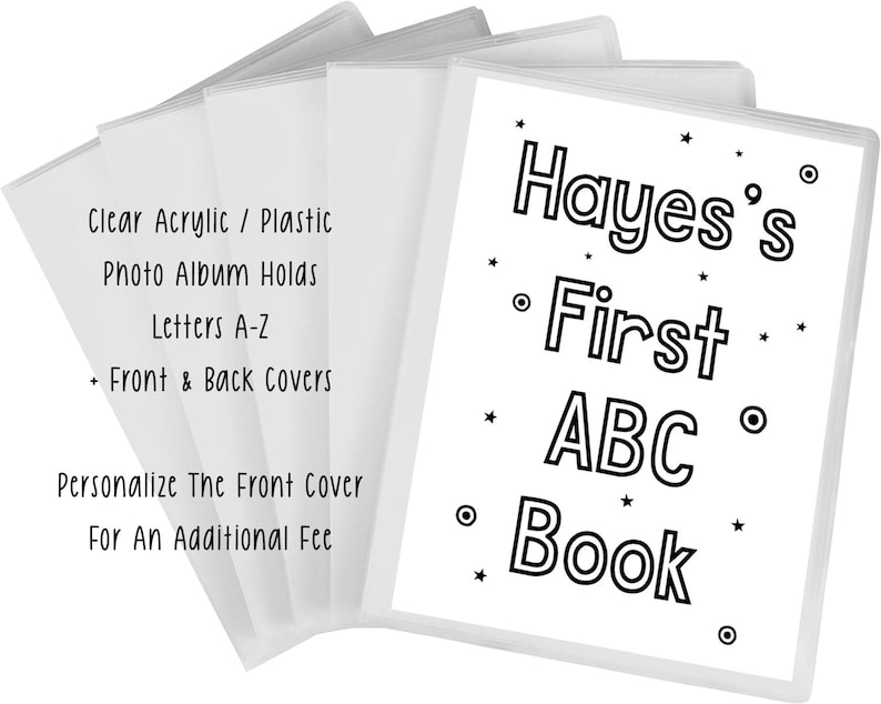 Pu&ograve; includere: Copertine trasparenti in plastica per album fotografico con il testo "Hayes's First ABC Book" sulla copertina anteriore. L'album contiene le lettere A-Z e ha copertine anteriore e posteriore. &Egrave; possibile personalizzare la copertina anteriore con un costo aggiuntivo.