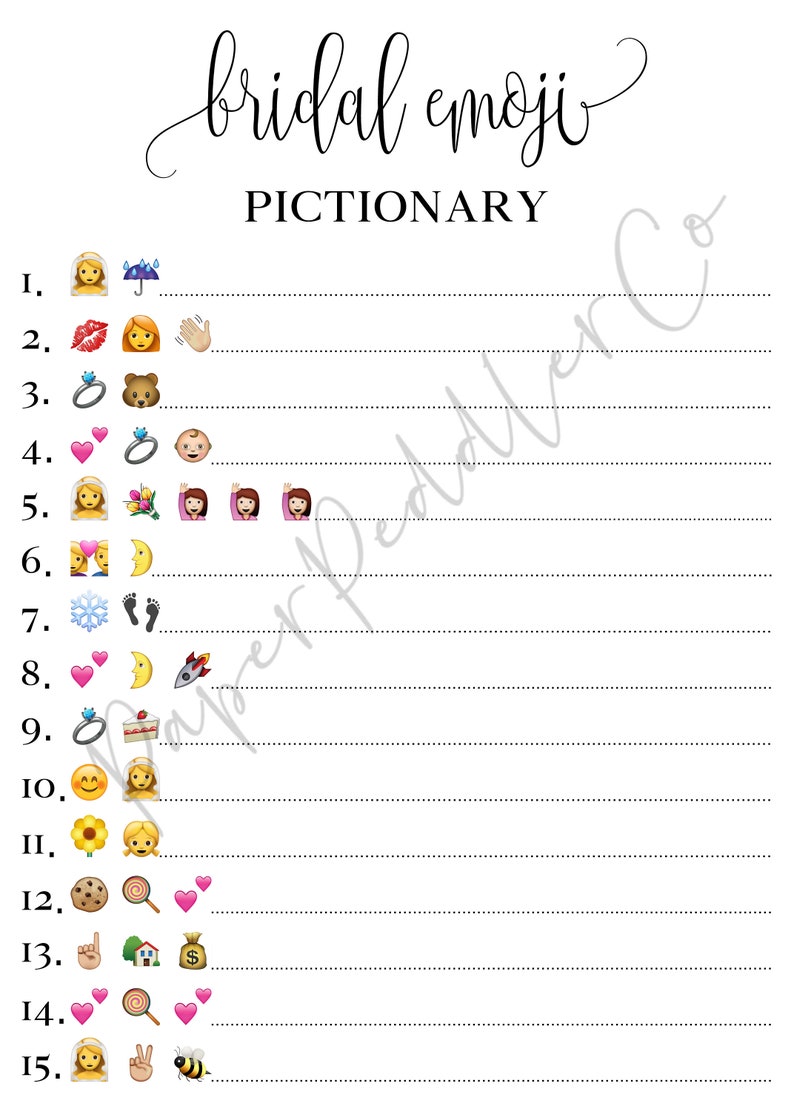 Instant Download Bridal Emoji Pictionary Answers Bridal Emoji | Etsy