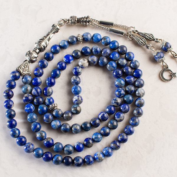 VRAIES perles de prière islamiques en lapis lazuli, Tasbih 99 perles, Misbaha, Tasbeeh, cadeau musulman, Sibha, Tasbeeh 99, Tasbih personnalisé 6 mm