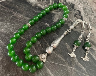 REAL Green Jade Islamic Prayer Beads, Natural Stone, 33 Beads, Tasbih, Misbaha, Tasbeeh, Rosary, Tasbih 33, Sibha, Tasbih Personalized 8mm