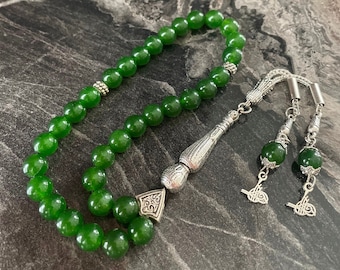 REAL Green Jade Islamic Prayer Beads, Natural Stone, 33 Beads, Tasbih, Misbaha, Tasbeeh, Rosary, Tasbih 33, Sibha, Tasbih Personalized 8mm