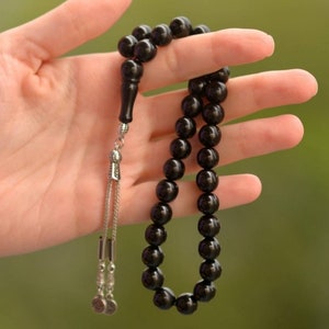 REAL Oltu Jet, Islamic Prayer Beads, Natural Stone 33 Beads, Tasbih, Misbaha, Tasbeeh, Rosary, Tasbih 33, Sibha, Tasbih Personalized, 10mm
