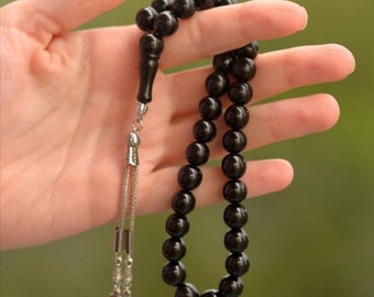 REAL Oltu Jet, Islamic Prayer Beads, Natural Stone 33 Beads, Tasbih, Misbaha, Tasbeeh, Rosary, Tasbih 33, Sibha, Tasbih Personalized, 10mm