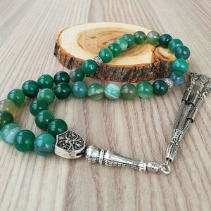 REAL Green Agate, Islamic Prayer 33 Beads, Tasbih, Tesbih, Misbaha, Tasbeeh,Worry Beads, Sibha, Rosary, Tasbih 33, Tasbih Personalized 10mm