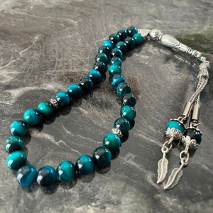 REAL Blue Tiger Eye Islamic Prayer Beads, Natural Stone 33 Beads, Tasbih, Misbaha, Tasbeeh, Rosary, Sibha, Tasbih 33, 8mm