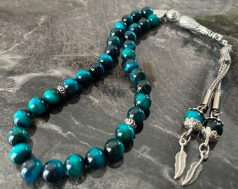 REAL Azul Ojo de Tigre Cuentas de Oración Islámica, Piedra Natural 33 Cuentas, Tasbih, Misbaha, Tasbeeh, Rosario, Sibha, Tasbih 33, 8 mm