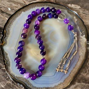 REAL Purple Agate Aqeeq Islamic Prayer 33 Beads, Tesbih, Misbaha, Tasbeeh, Sibha, Rosary, Tasbih 33, Tasbih Personalized , Big Size 10mm