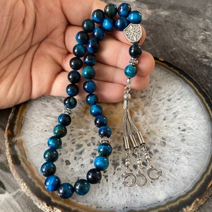 REAL Blue Tiger Eye Stone Islamic Prayer 33 Beads, Misbaha, Tasbeeh, Sibha, Rosary, Tasbih 33, Eid gift, Tasbih Customized, Big Size 10mm