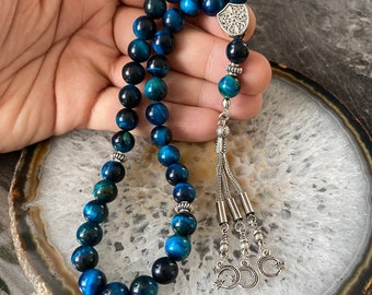 Terço islâmico de 33 contas com pedra olho de tigre azul genuína, Misbaha, Tasbeeh, Sibha, Rosário, Tasbih 33, presente de Eid, Tasbih personalizado, tamanho grande 10 mm